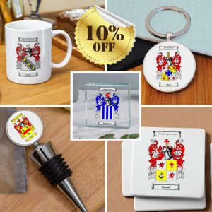 Key Ring, Mug, Bottle Stopper, Glass Tile and Coaster Set with Coat of Arms